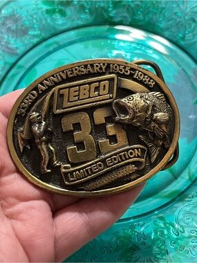 Vintage 1988 Zebco Fishing Great American Buckle Co Bronze Tone Belt Buckle